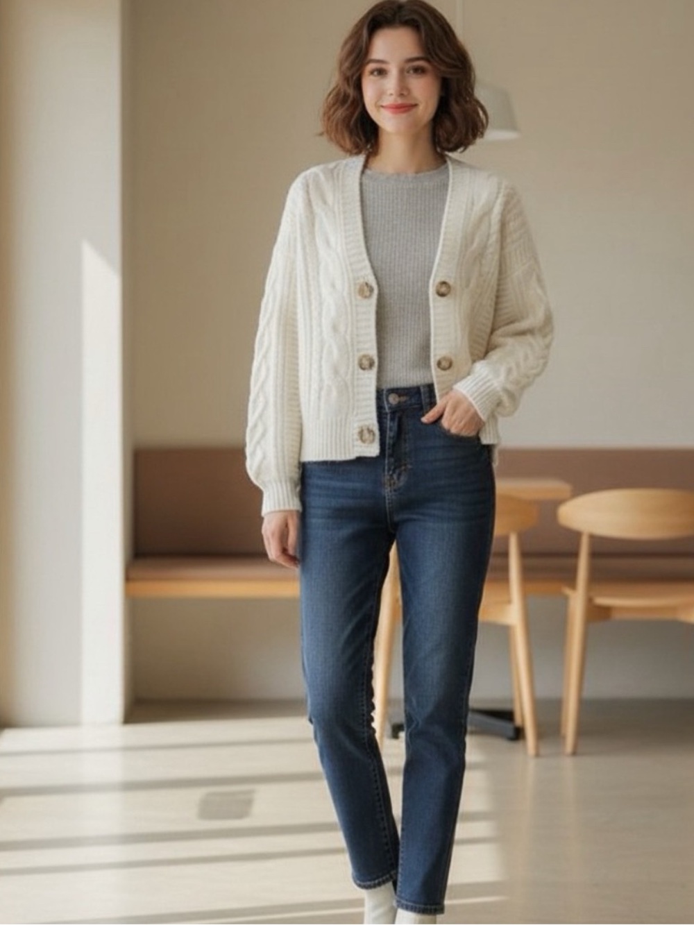 Madewell Cable Knit V-Neck Button-Front Sweater Cardigan - Cream